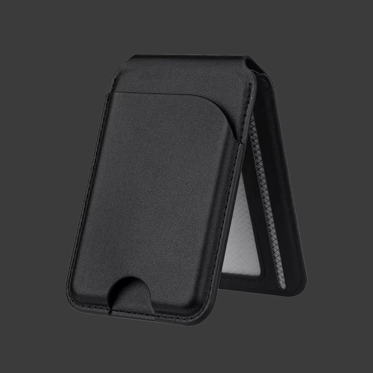 Black card wallet folded out as a phone stand