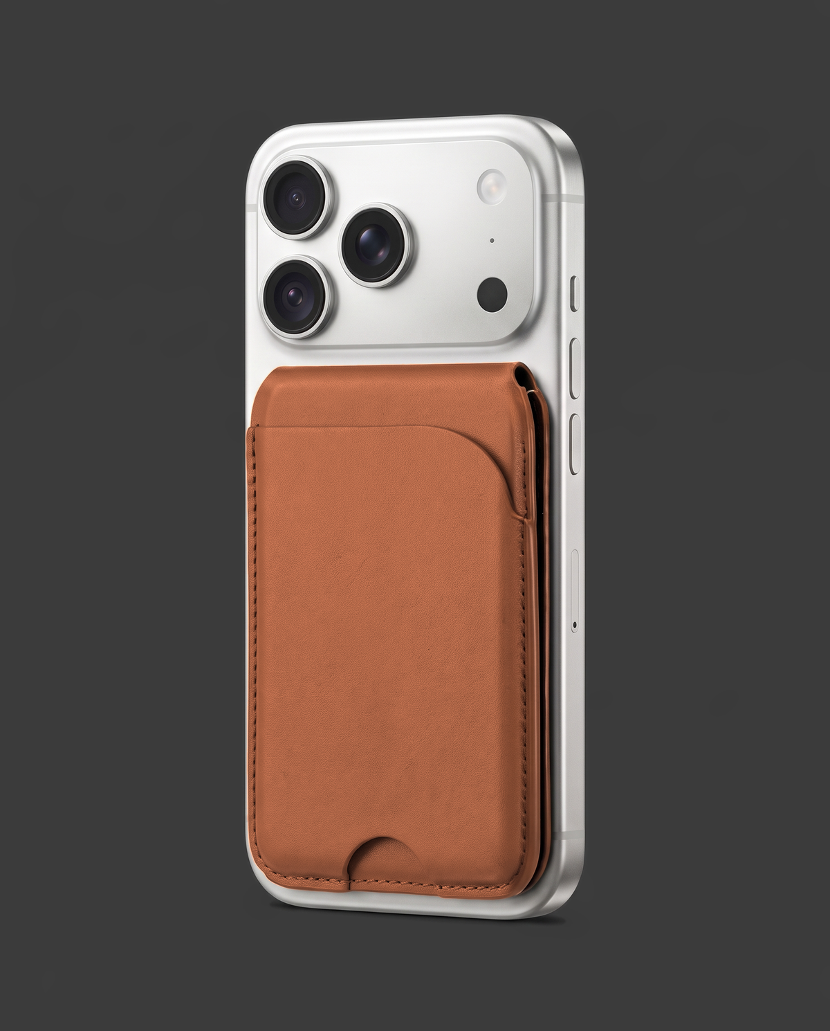 Brown card wallet on an iPhone, angled view