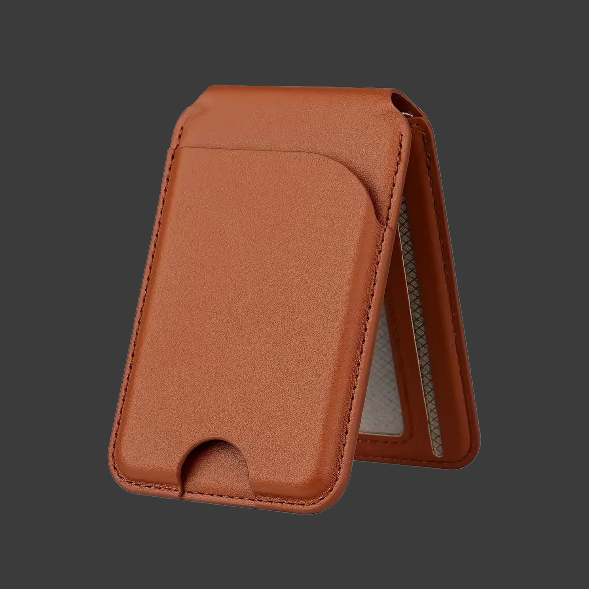Brown card wallet folded out as a phone stand