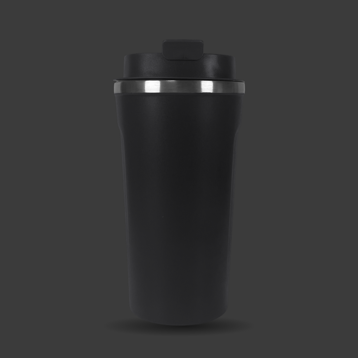Black 16oz stainless steel travel cup, front view