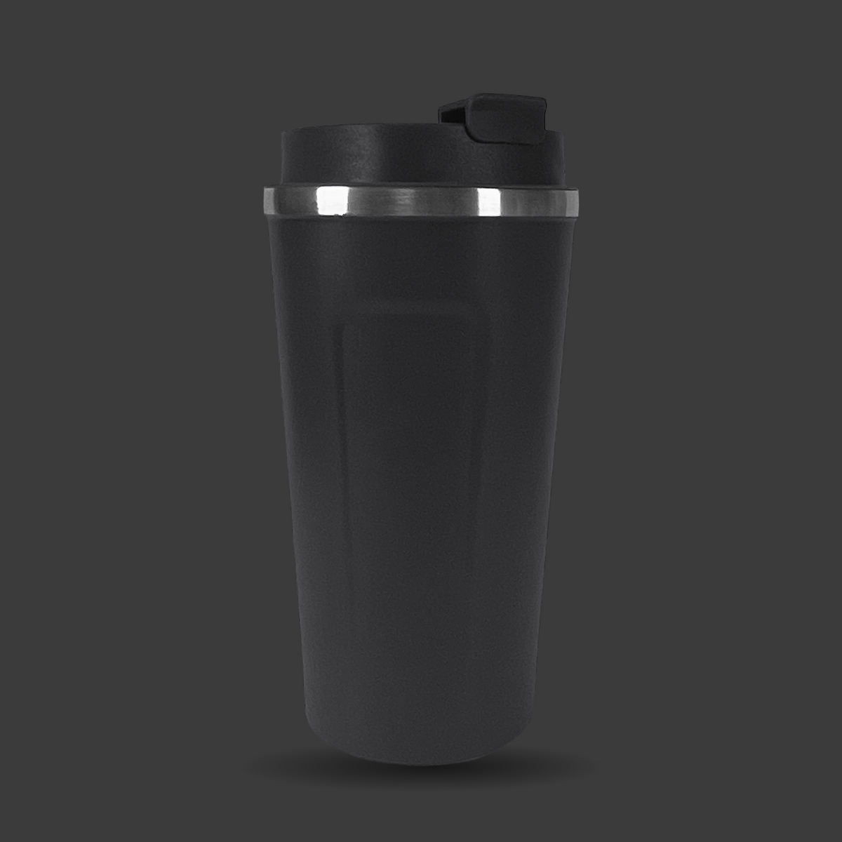 Black 16oz stainless steel travel cup, grip side