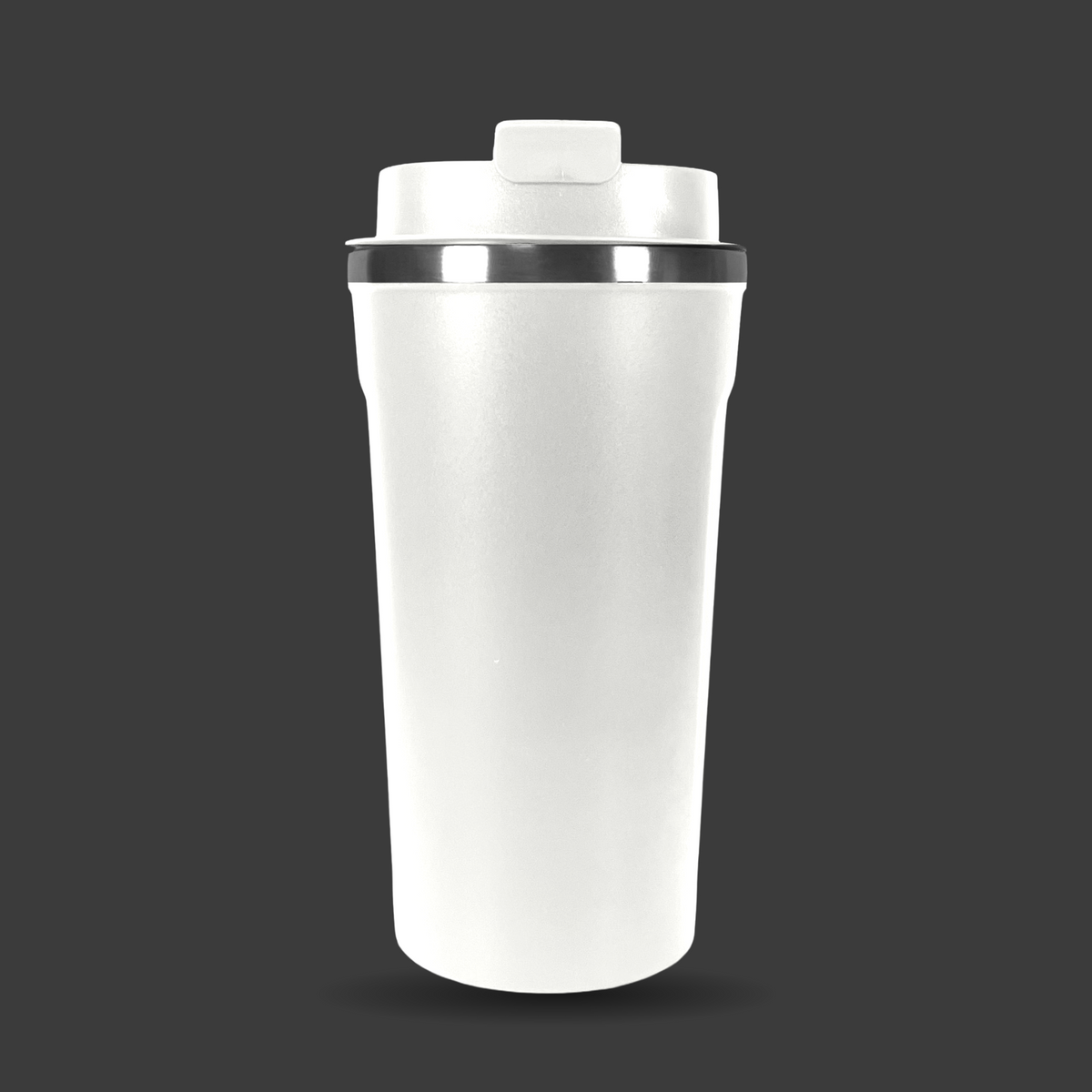 White 16oz stainless steel travel cup, front view