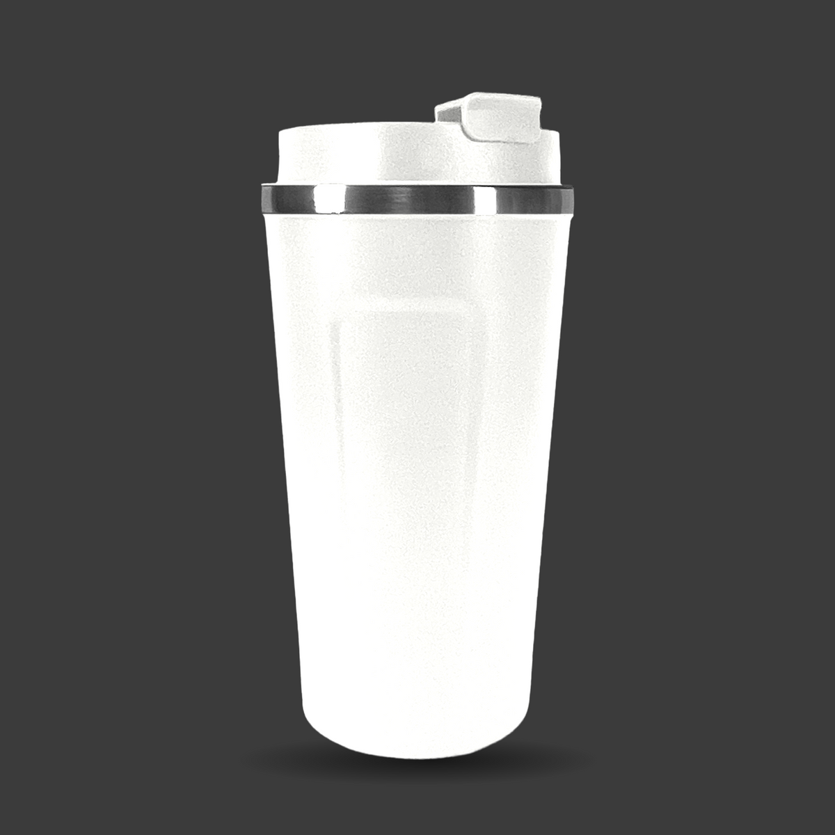 White 16oz stainless steel travel cup, grip side