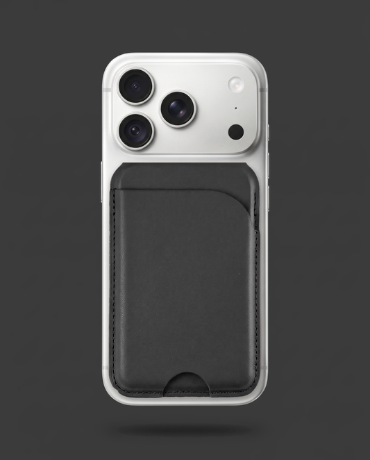 Black card wallet on the back of an iPhone