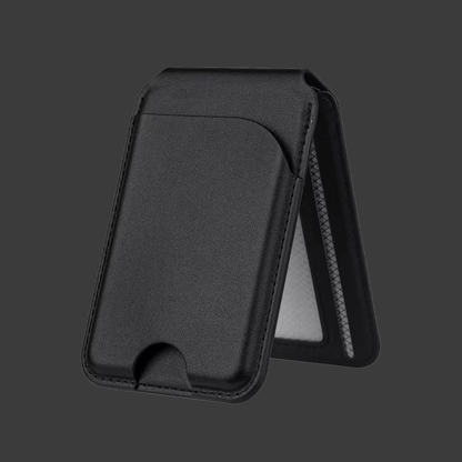 Black card wallet folded out as a phone stand
