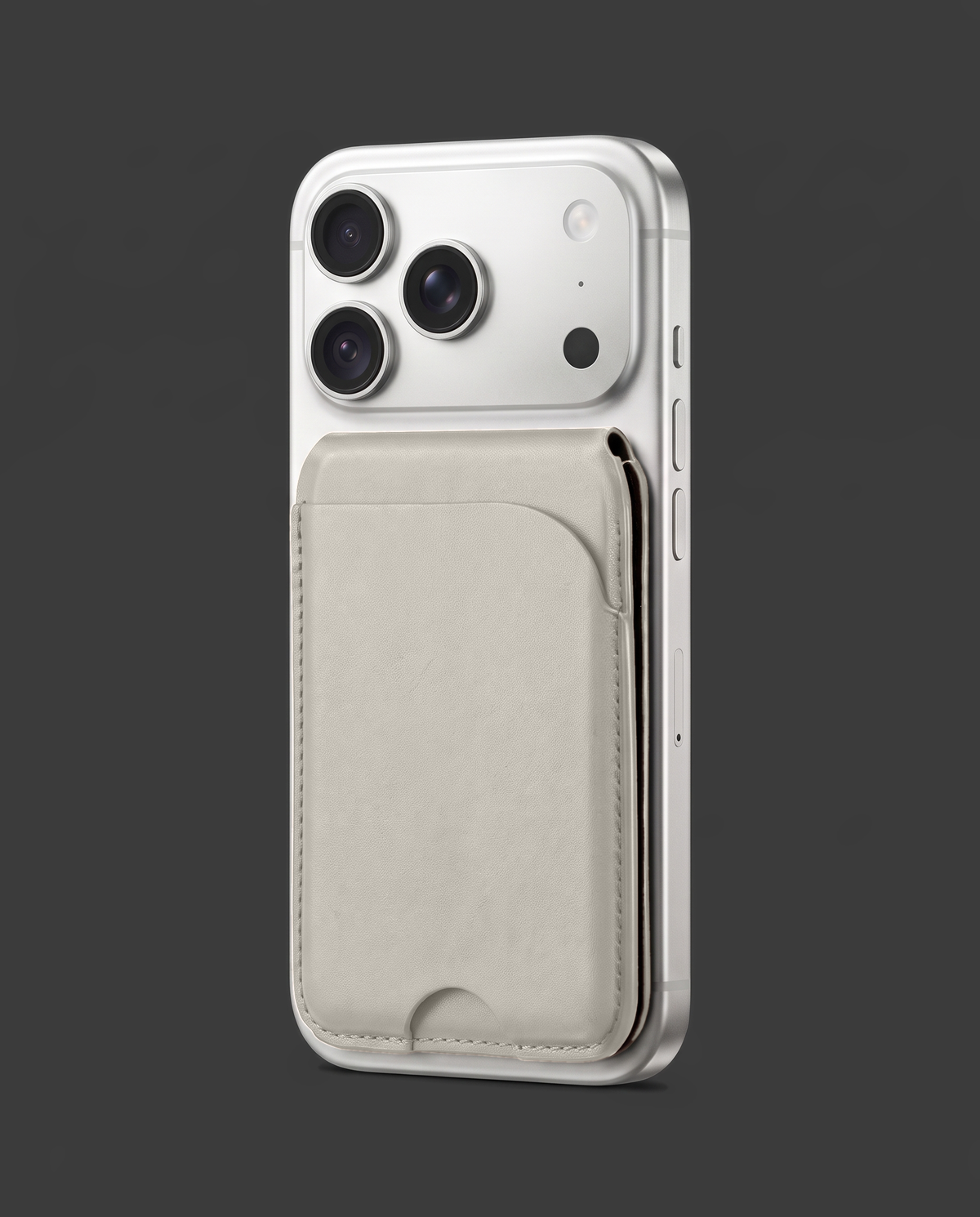 Grey card wallet on an iPhone, angled view
