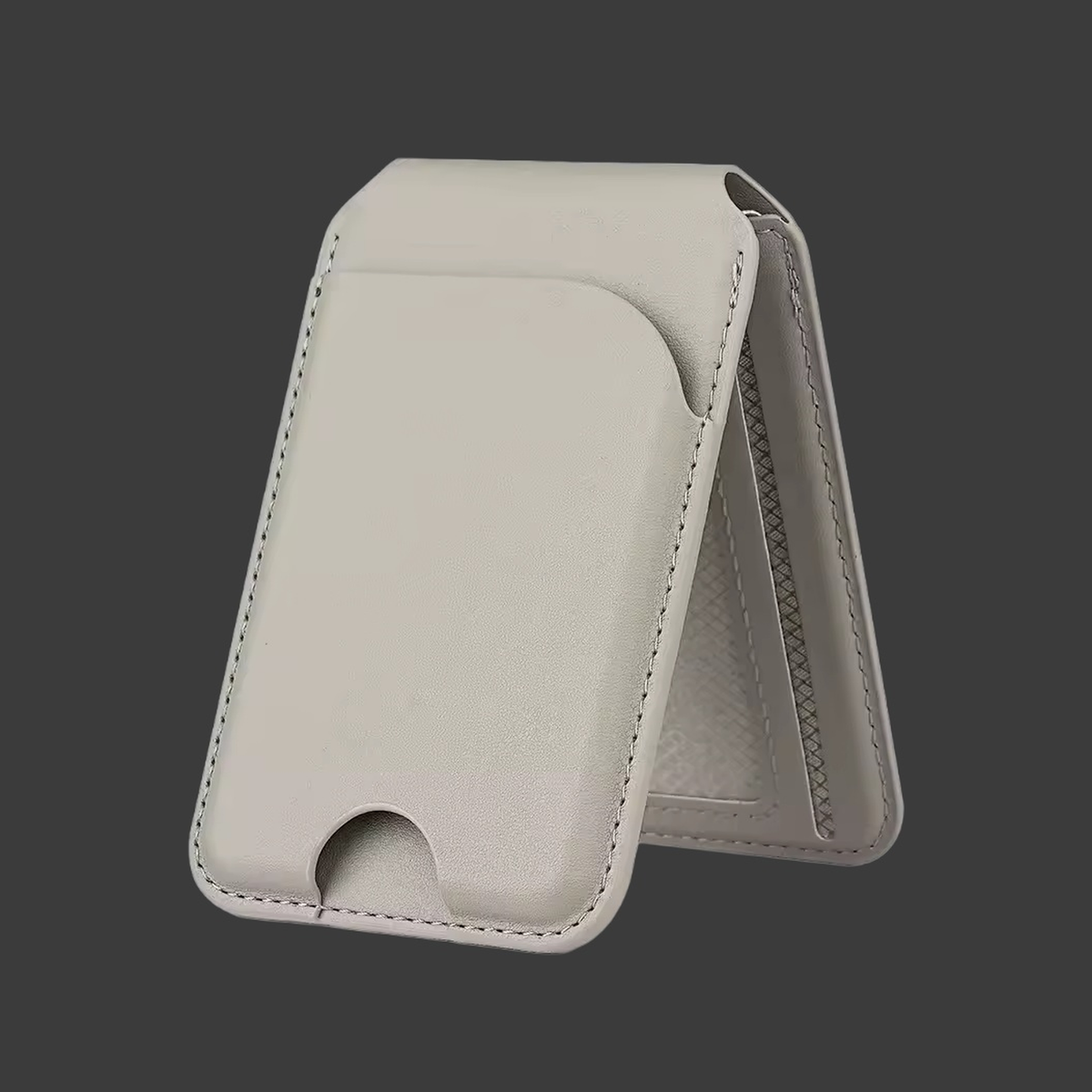 Grey card wallet folded out as a phone stand