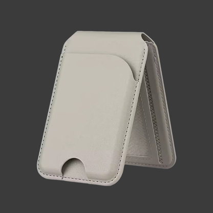Grey card wallet folded out as a phone stand
