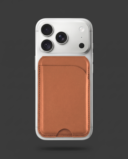 Brown card wallet on the back of an iPhone
